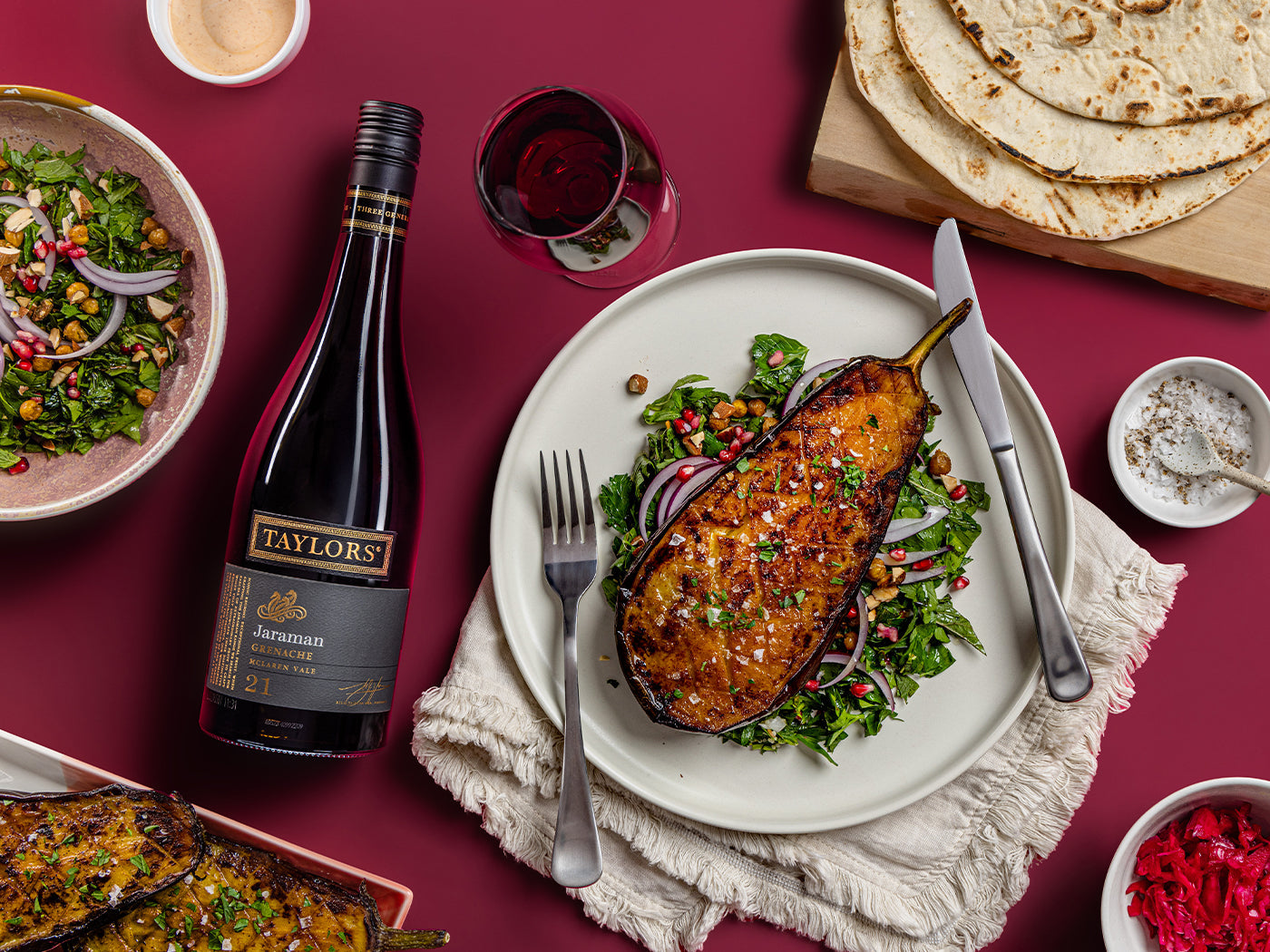 Roasted Eggplant & Harissa Yoghurt with Smoky Almonds and Crispy Chickpeas