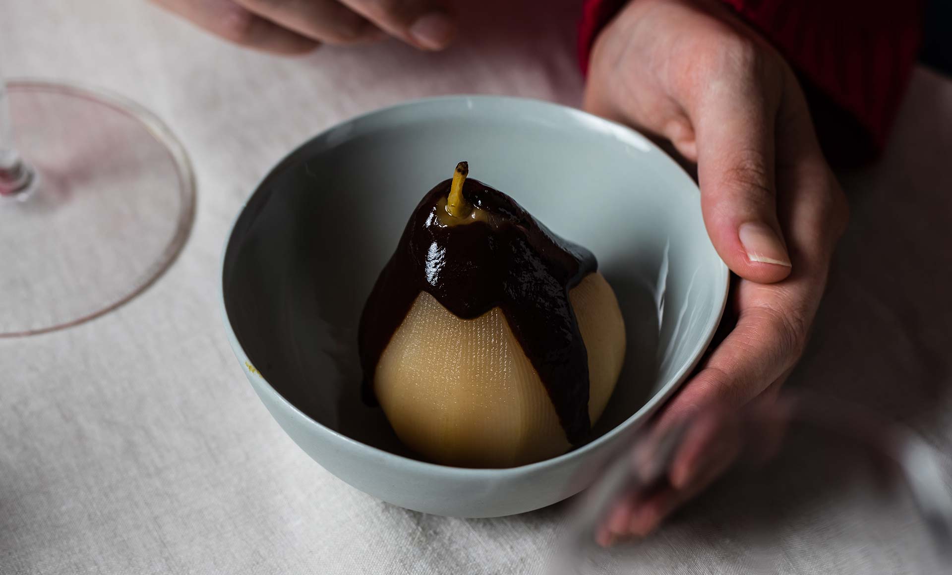 Poached Pears with Chocolate Ganache